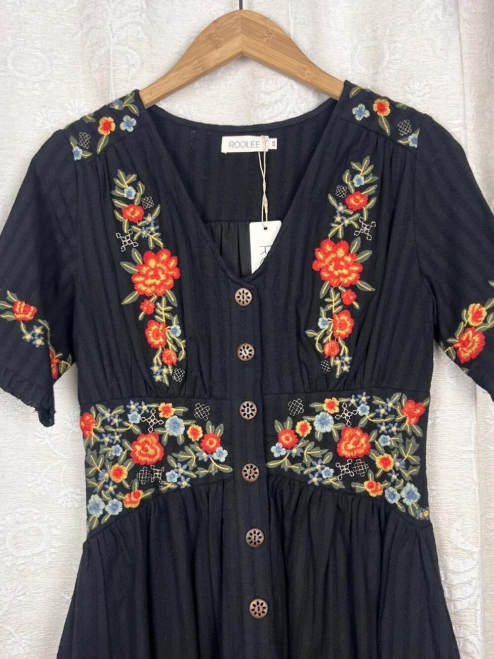 Roolee Ithaca embroidered midi shirt dress black nursing friendly cotton NEW - Picture 3 of 11